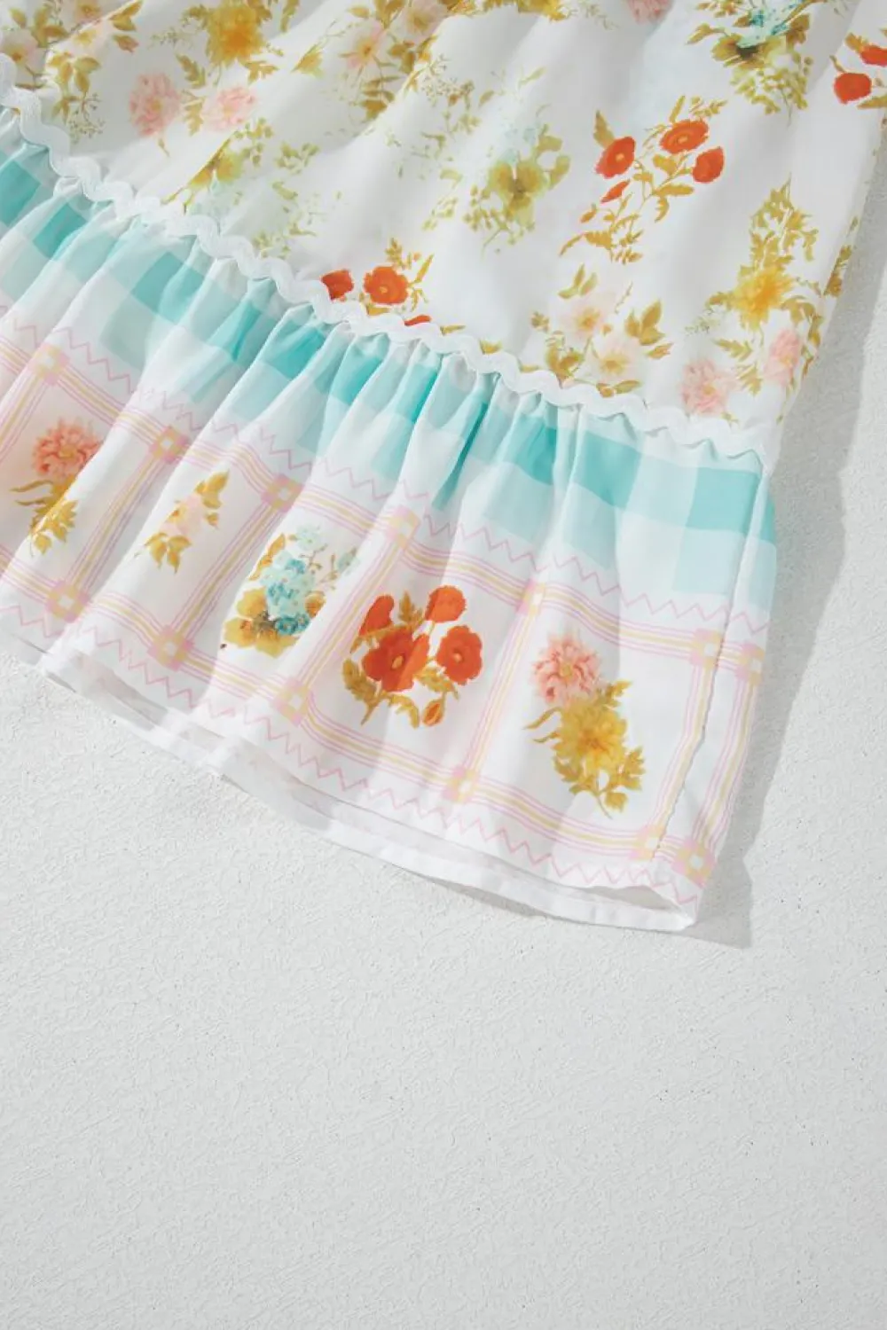Online Dear-Lover Ric Rac Plaid Floral Print Patchwork Bubble Sleeve Dress Pink