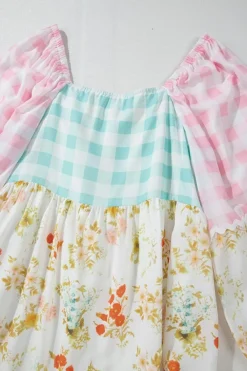 Online Dear-Lover Ric Rac Plaid Floral Print Patchwork Bubble Sleeve Dress Pink