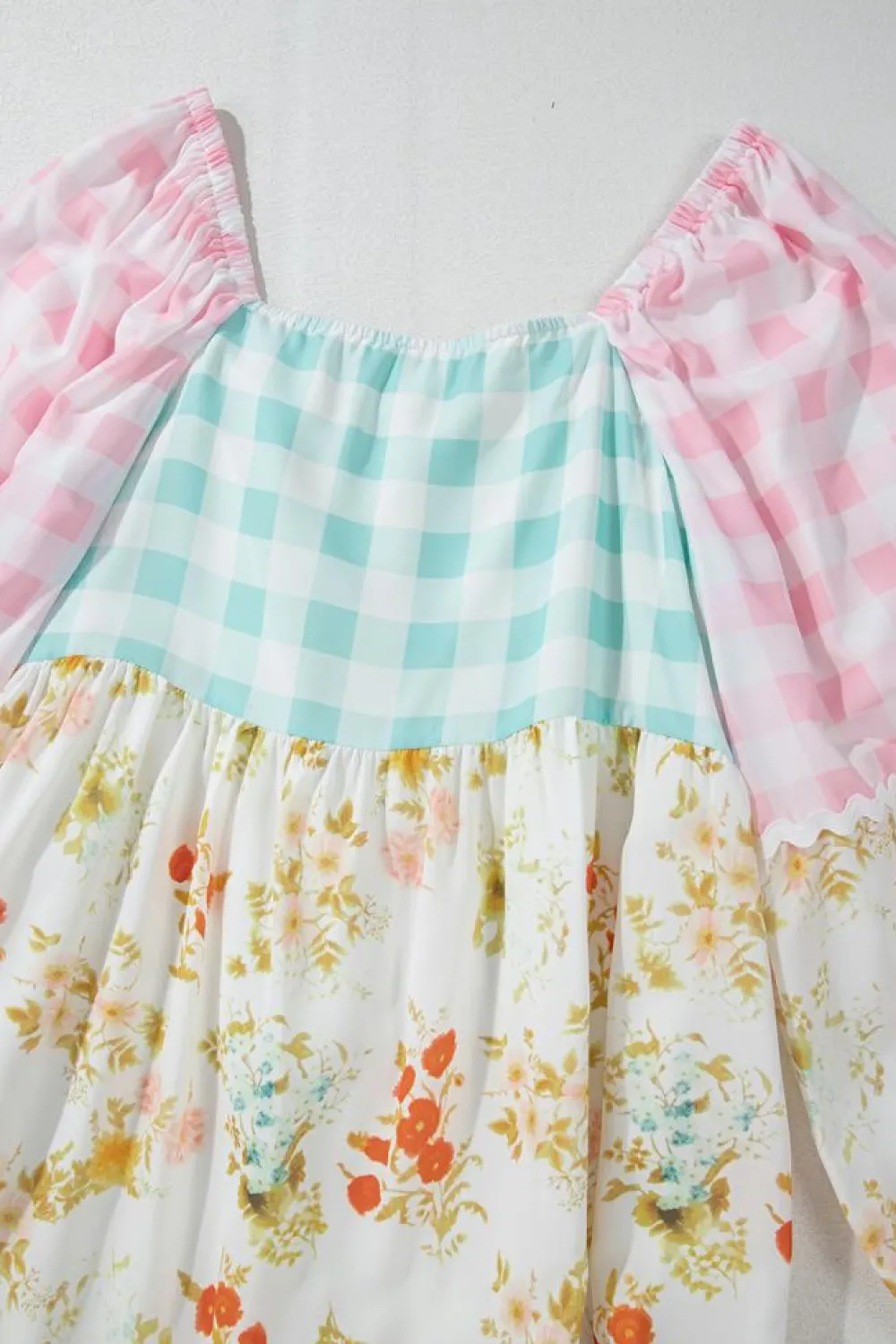 Online Dear-Lover Ric Rac Plaid Floral Print Patchwork Bubble Sleeve Dress Pink