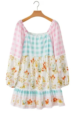 Online Dear-Lover Ric Rac Plaid Floral Print Patchwork Bubble Sleeve Dress Pink