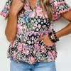 Fashion Dear-Lover Ricrac Floral Tiered Short Sleeve Blouse Pink