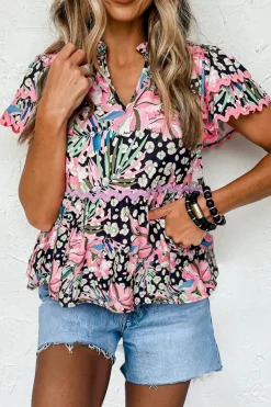 Fashion Dear-Lover Ricrac Floral Tiered Short Sleeve Blouse Pink