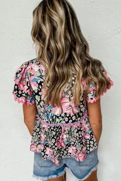 Fashion Dear-Lover Ricrac Floral Tiered Short Sleeve Blouse Pink