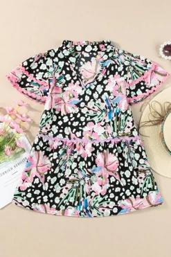 Fashion Dear-Lover Ricrac Floral Tiered Short Sleeve Blouse Pink