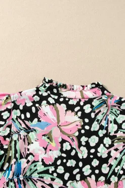 Fashion Dear-Lover Ricrac Floral Tiered Short Sleeve Blouse Pink