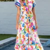 Online Dear-Lover Ricrac Trim Flutter Sleeve Buttoned Floral Maxi Dress Pink