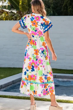 Online Dear-Lover Ricrac Trim Flutter Sleeve Buttoned Floral Maxi Dress Pink