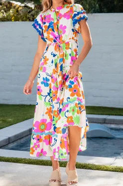 Online Dear-Lover Ricrac Trim Flutter Sleeve Buttoned Floral Maxi Dress Pink