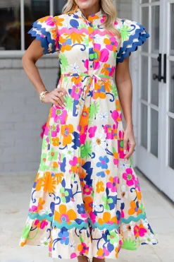 Online Dear-Lover Ricrac Trim Flutter Sleeve Buttoned Floral Maxi Dress Pink