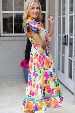 Online Dear-Lover Ricrac Trim Flutter Sleeve Buttoned Floral Maxi Dress Pink