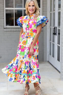 Online Dear-Lover Ricrac Trim Flutter Sleeve Buttoned Floral Maxi Dress Pink