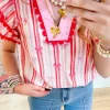 New Dear-Lover Ric-rac Trim Ruffled Sleeve V Neck Bow Striped Printed Blouse Pink