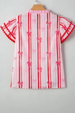 New Dear-Lover Ric-rac Trim Ruffled Sleeve V Neck Bow Striped Printed Blouse Pink