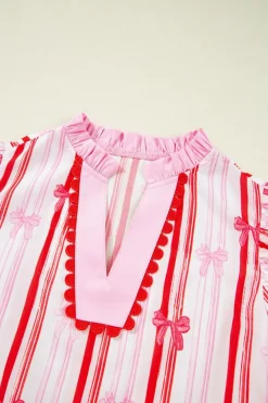 New Dear-Lover Ric-rac Trim Ruffled Sleeve V Neck Bow Striped Printed Blouse Pink