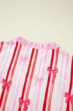 New Dear-Lover Ric-rac Trim Ruffled Sleeve V Neck Bow Striped Printed Blouse Pink