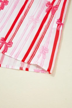 New Dear-Lover Ric-rac Trim Ruffled Sleeve V Neck Bow Striped Printed Blouse Pink