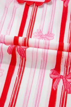 New Dear-Lover Ric-rac Trim Ruffled Sleeve V Neck Bow Striped Printed Blouse Pink