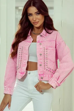 Outlet Dear-Lover Rivet Studded Pocketed Denim Jacket Pink