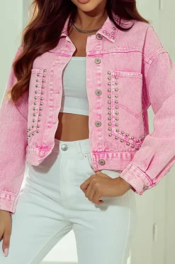 Outlet Dear-Lover Rivet Studded Pocketed Denim Jacket Pink