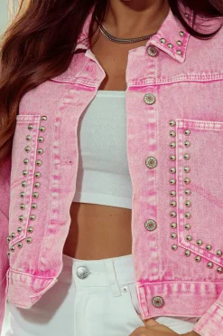 Outlet Dear-Lover Rivet Studded Pocketed Denim Jacket Pink