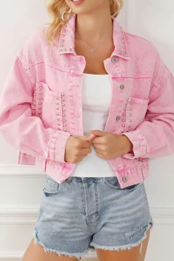 Outlet Dear-Lover Rivet Studded Pocketed Denim Jacket Pink
