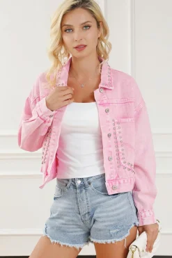 Outlet Dear-Lover Rivet Studded Pocketed Denim Jacket Pink