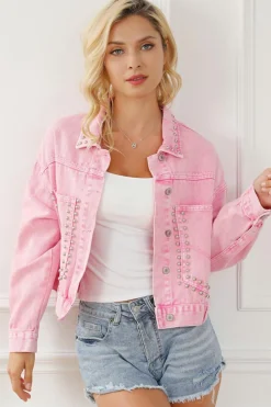Outlet Dear-Lover Rivet Studded Pocketed Denim Jacket Pink