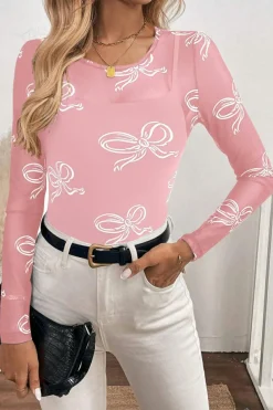 Discount Dear-Lover Round Neck Bow Print Long Sleeve Mesh Top Pink