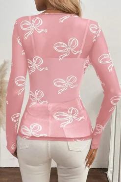 Discount Dear-Lover Round Neck Bow Print Long Sleeve Mesh Top Pink