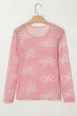 Discount Dear-Lover Round Neck Bow Print Long Sleeve Mesh Top Pink