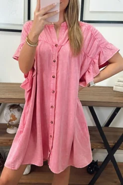 Discount Dear-Lover Ruffled Short Sleeve Buttoned Denim Mini Dress Pink