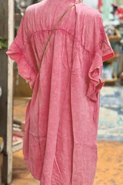 Discount Dear-Lover Ruffled Short Sleeve Buttoned Denim Mini Dress Pink