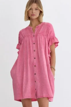 Discount Dear-Lover Ruffled Short Sleeve Buttoned Denim Mini Dress Pink