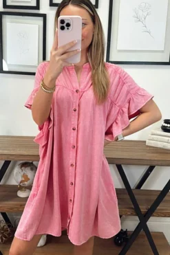 Discount Dear-Lover Ruffled Short Sleeve Buttoned Denim Mini Dress Pink
