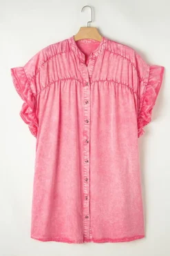 Discount Dear-Lover Ruffled Short Sleeve Buttoned Denim Mini Dress Pink