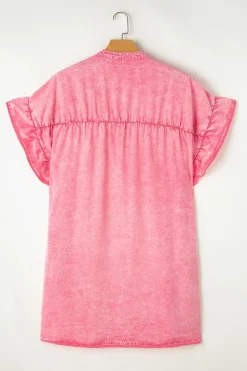 Discount Dear-Lover Ruffled Short Sleeve Buttoned Denim Mini Dress Pink