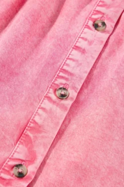 Discount Dear-Lover Ruffled Short Sleeve Buttoned Denim Mini Dress Pink