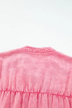 Discount Dear-Lover Ruffled Short Sleeve Buttoned Denim Mini Dress Pink
