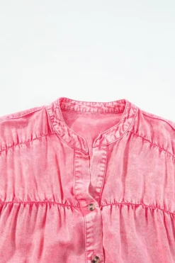 Discount Dear-Lover Ruffled Short Sleeve Buttoned Denim Mini Dress Pink