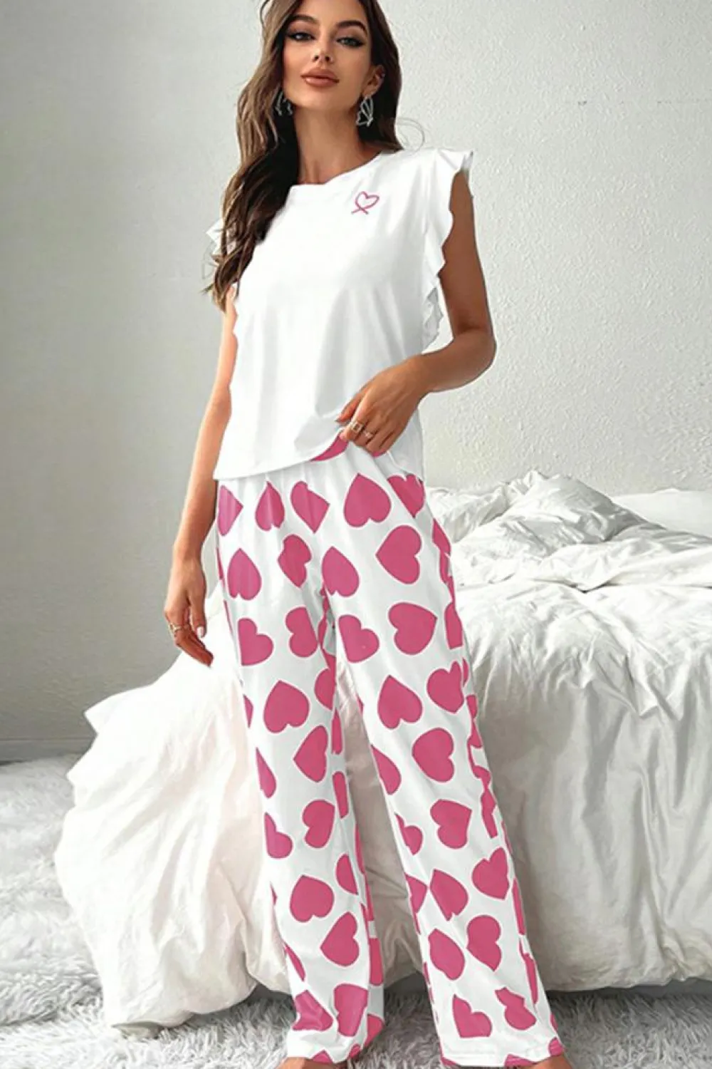 Online Dear-Lover Ruffled Tank Top And Heart Print Pants Lounge Set Pink