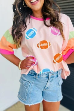 Fashion Dear-Lover Rugby Chenille Embroidered Color Block Half Sleeve T Shirt Pink