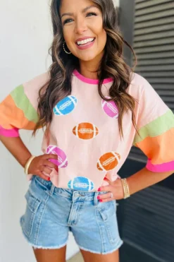 Fashion Dear-Lover Rugby Chenille Embroidered Color Block Half Sleeve T Shirt Pink