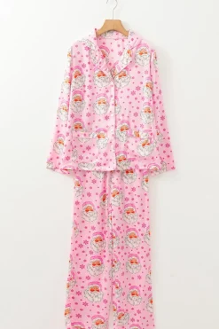 Sale Dear-Lover Santa Claus Snowflake Long Sleeve Shirt Christmas Pajama Set Pink