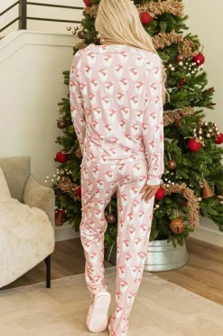 Discount Dear-Lover Santa Claus Striped Print Loose Fit Two Piece Lounge Set Pink