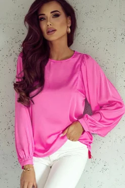 Fashion Dear-Lover Satin Puff Long Sleeve Crewneck Blouse Pink