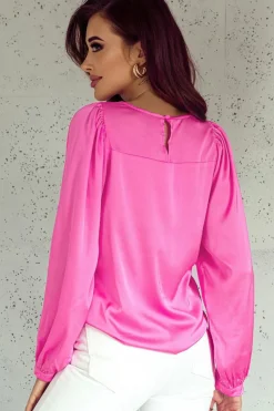 Fashion Dear-Lover Satin Puff Long Sleeve Crewneck Blouse Pink