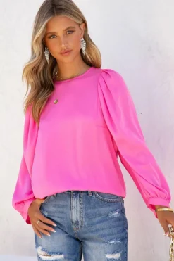 Fashion Dear-Lover Satin Puff Long Sleeve Crewneck Blouse Pink