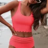 Discount Dear-Lover Scalloped Criss Cross High Waist Bikini Pink
