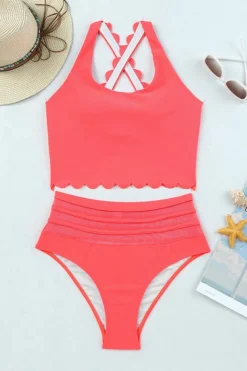 Discount Dear-Lover Scalloped Criss Cross High Waist Bikini Pink