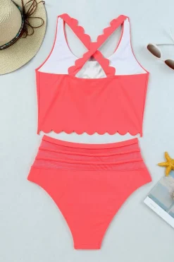 Discount Dear-Lover Scalloped Criss Cross High Waist Bikini Pink